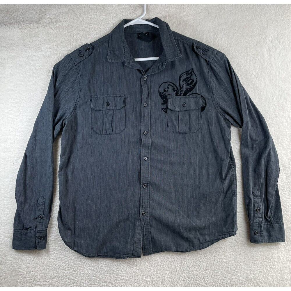 MMA Elite Shirt Mens XL Black Long Sleeve Button Velvet Accent Pinstripe READ